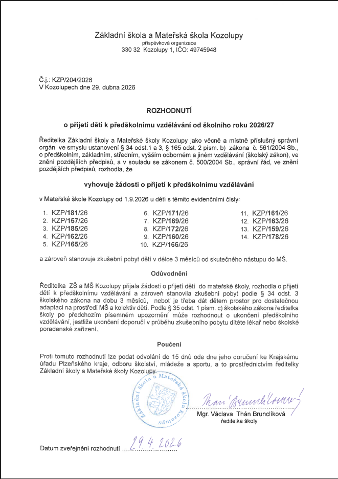 Výsledky Zápisu pro šk. rok 2026/2027
